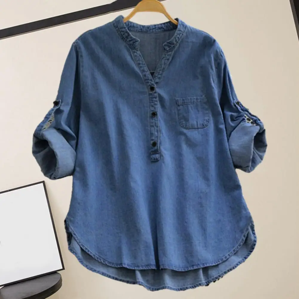 

Women Solid Color Denim Shirt Stylish Women's Solid Color Denim Shirt with Stand Collar V-neck Buttons Long Sleeve Loose for A