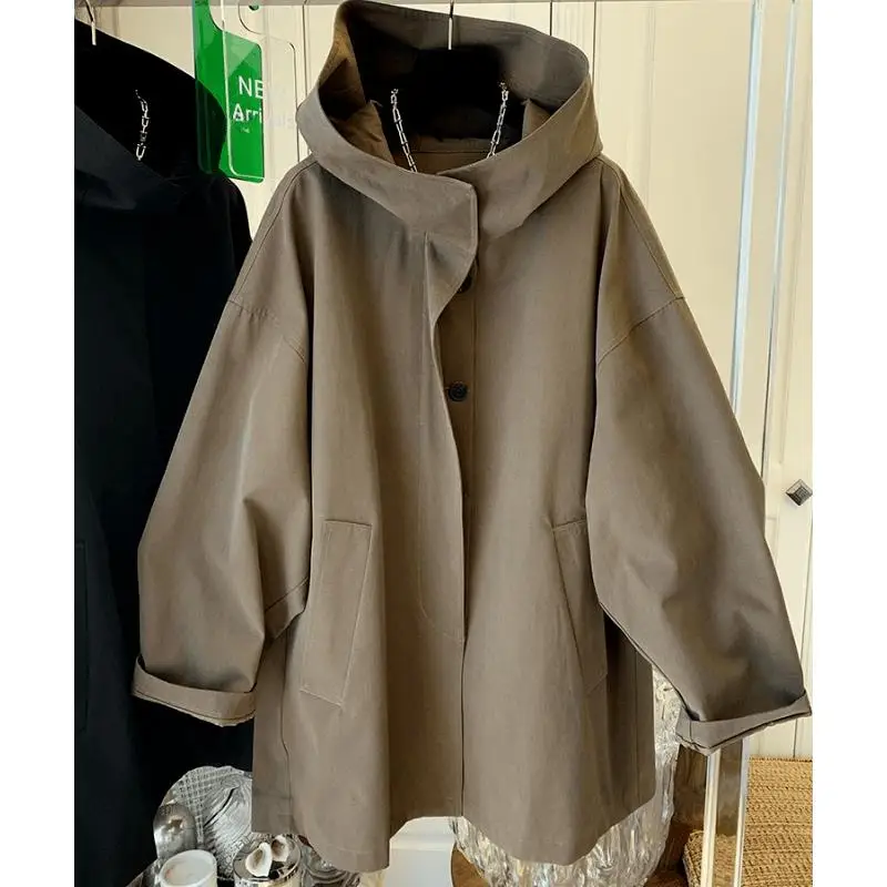 SuperAen 2025 Autumn New Oversize Mid-length Coat Women Loose Fashion Pockets Khaki Casual Slim Hooded Trench Coats