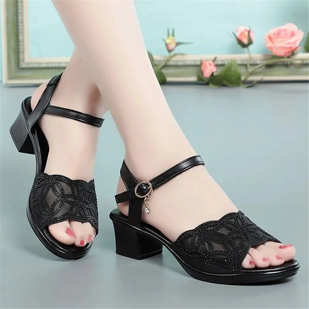 sandalias femininas women fashion black mesh breathable spring slip on square heel sandals lady classic beige comfort shoes a604 image 4