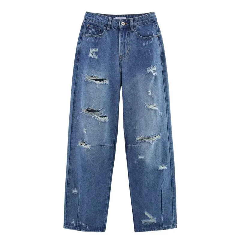 

Spring 2025 Women's Denim Jeans Decorative Hole Balloon Fit Long Pants New Arrival l Waist Faion Ladies' Clothing