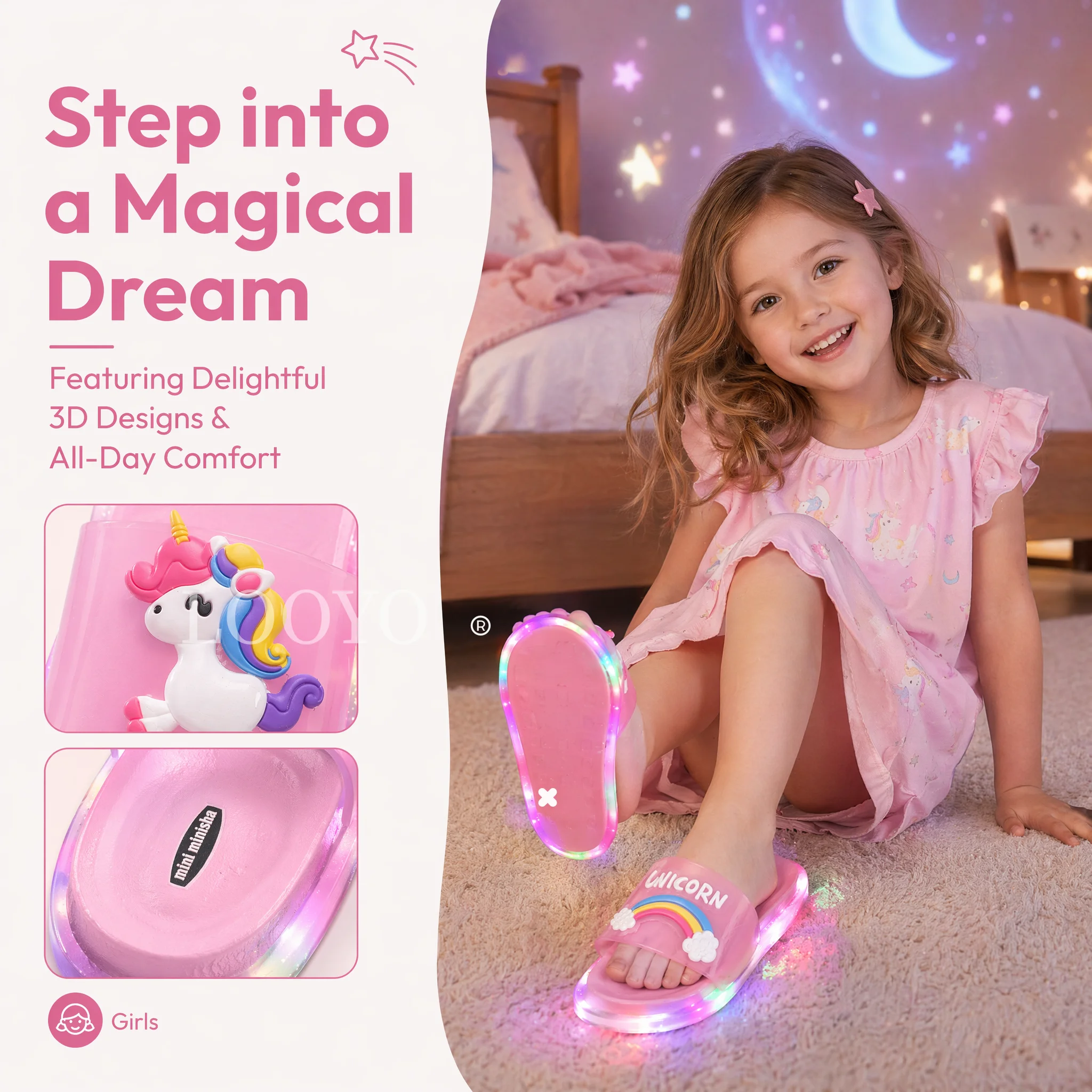 Children's Boys Girls LED Light Up Cartoon Unicorn Animals Prints Crystal Glowing Fashion So Cute Slippers Bathroom Kids Toddler
