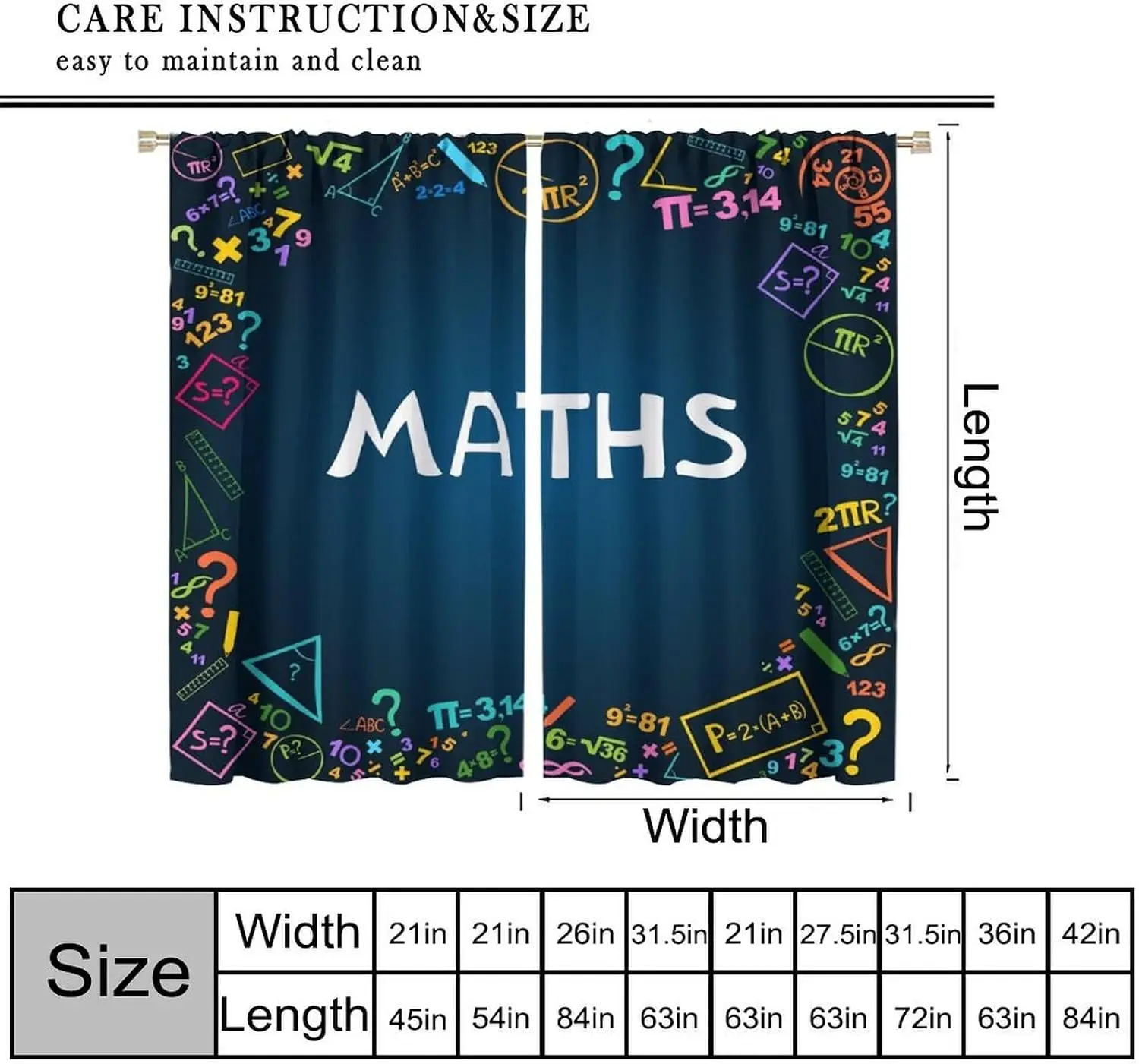 2pcs Math Equation Curtain Drapes Navy Blue Academic Science Theme Window Panel for Student Classroom Education Decor
