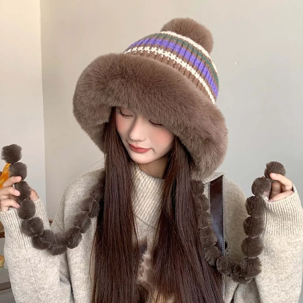 Gorro de punto grueso con forro polar, borde de piel, pompón, ribete de piel, elástico, a rayas, para mujer