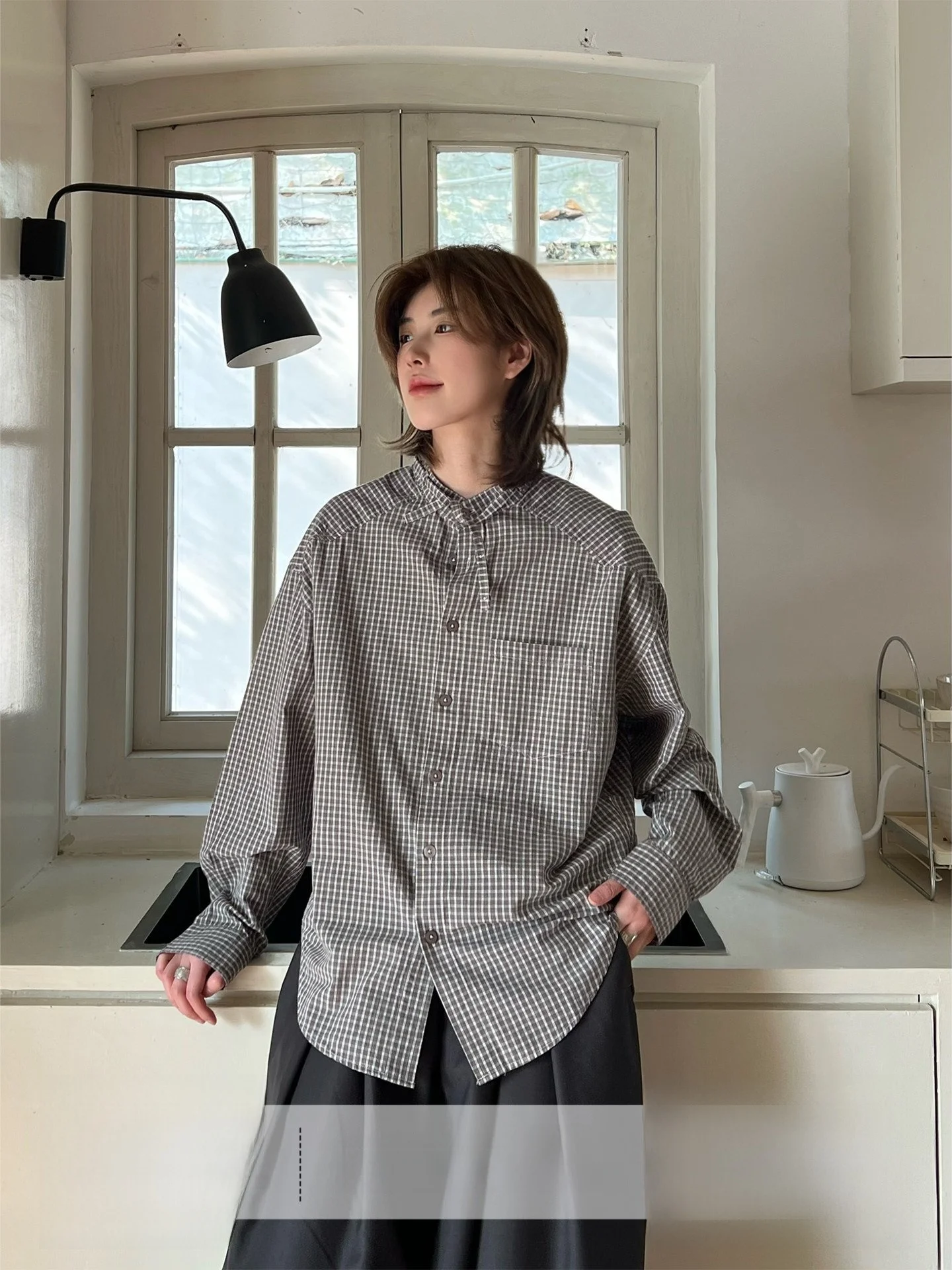 

Рубашка Ja1 из чистого хлопка в клетку с маленьким воротником-стойкой, в японском стиле, унисекс, повседневная, свободного кроя, с длинным рукавом, защита от солнца