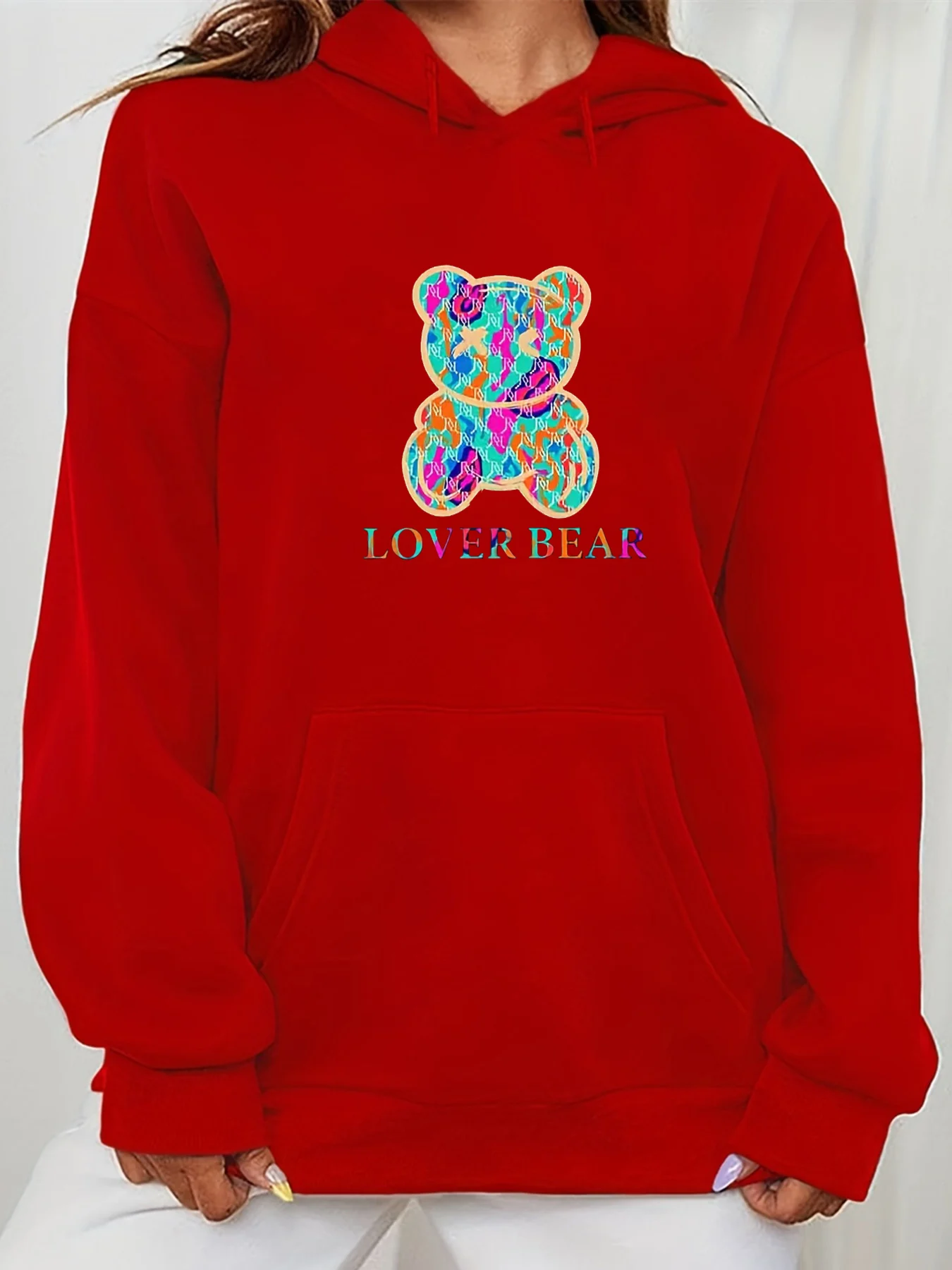 Women's autumn and winter warm loose casual cute bear pattern printed velvet long sleeved hooded sweatshirt