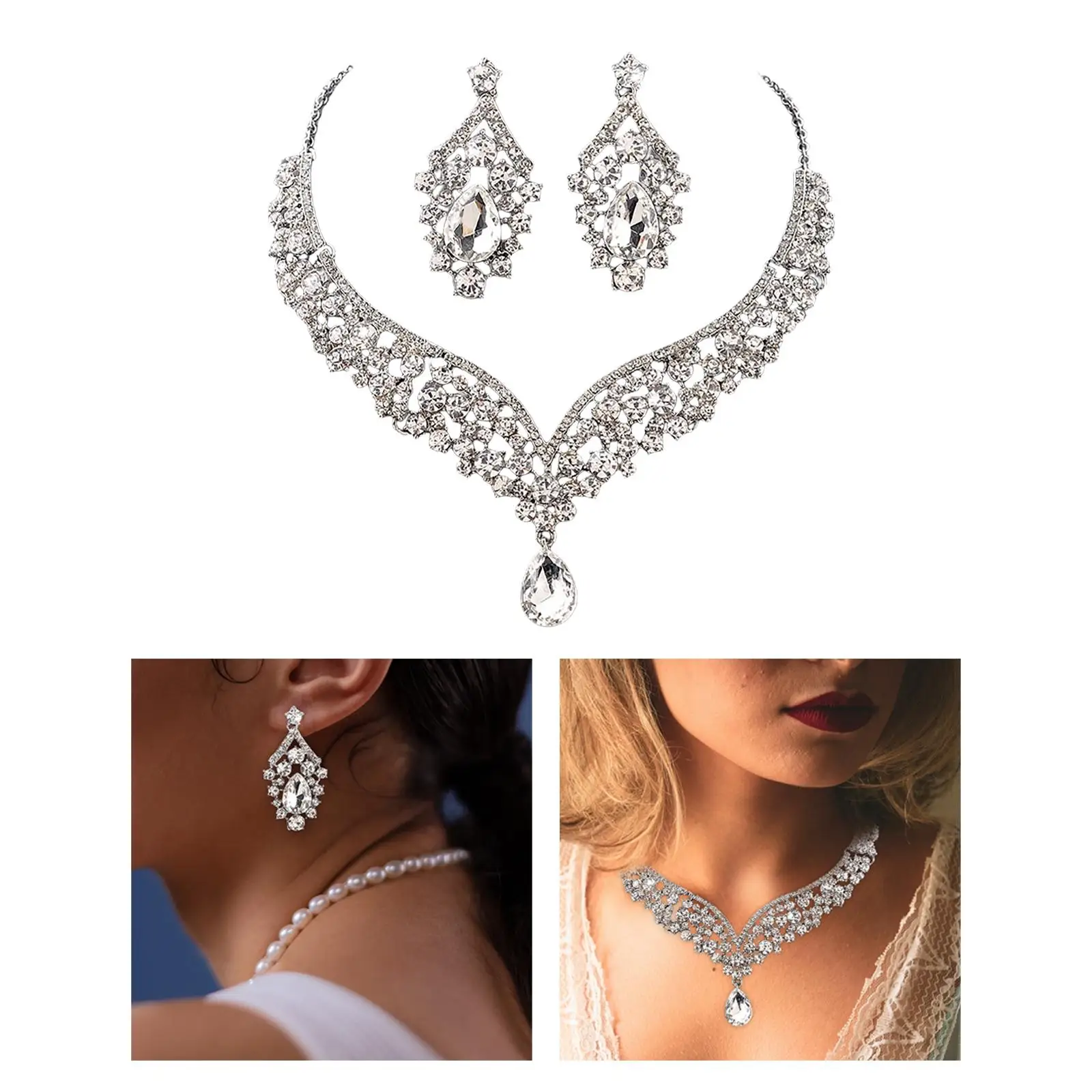 Trendy Bridal Jewelry Set Rhinestone Necklace Earrings Bride Jewelry Crystal Wedding Necklace Earrings for Wedding Party