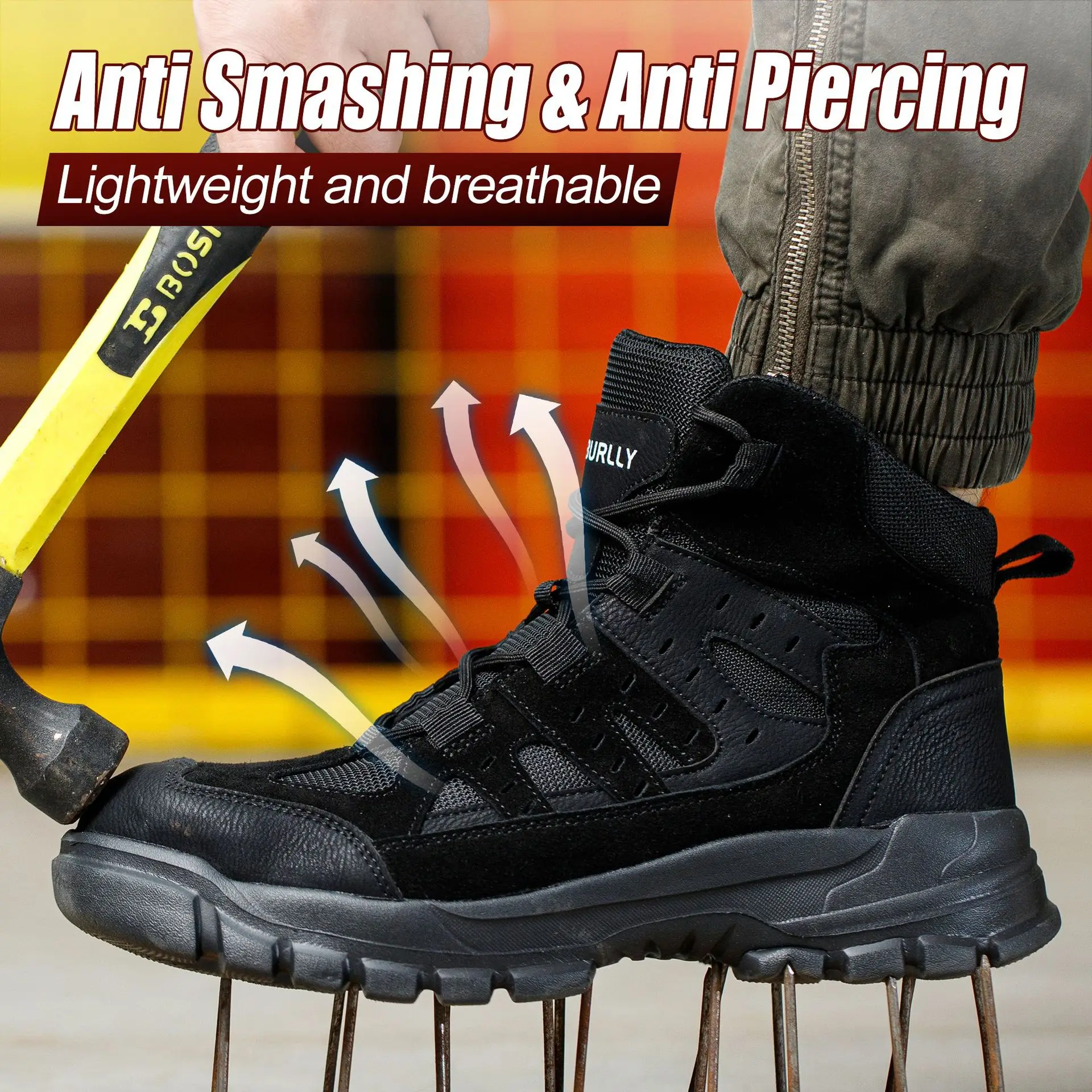 고품질 안전화, 충격 방지 안전화, 냄새 방지 작업용 스틸 토 신발, 하이탑 작업화, 펑크 방지 방수