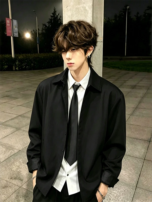 American Style Long Sleeve Shirt Men's Casual Fashion DK Tie Fake Two-Piece Design Spring Autumn High Waist College Style Jacket