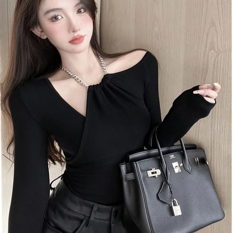 

plus Size 300 Pou Fat MM Pure Desire oulder Bared Chain Base irt Women's Autumn Winter Design Long Sve T irt