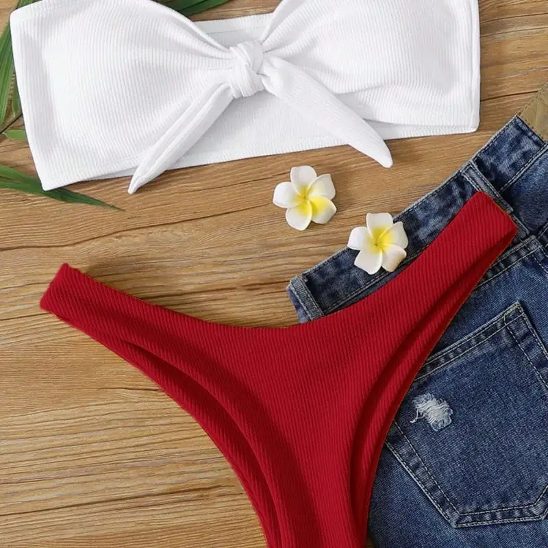 

Летний пляжный отдых, купальник, сексуальный женский купальник без бретелек с бантом, разделенный бикини, комплект из двух предметов