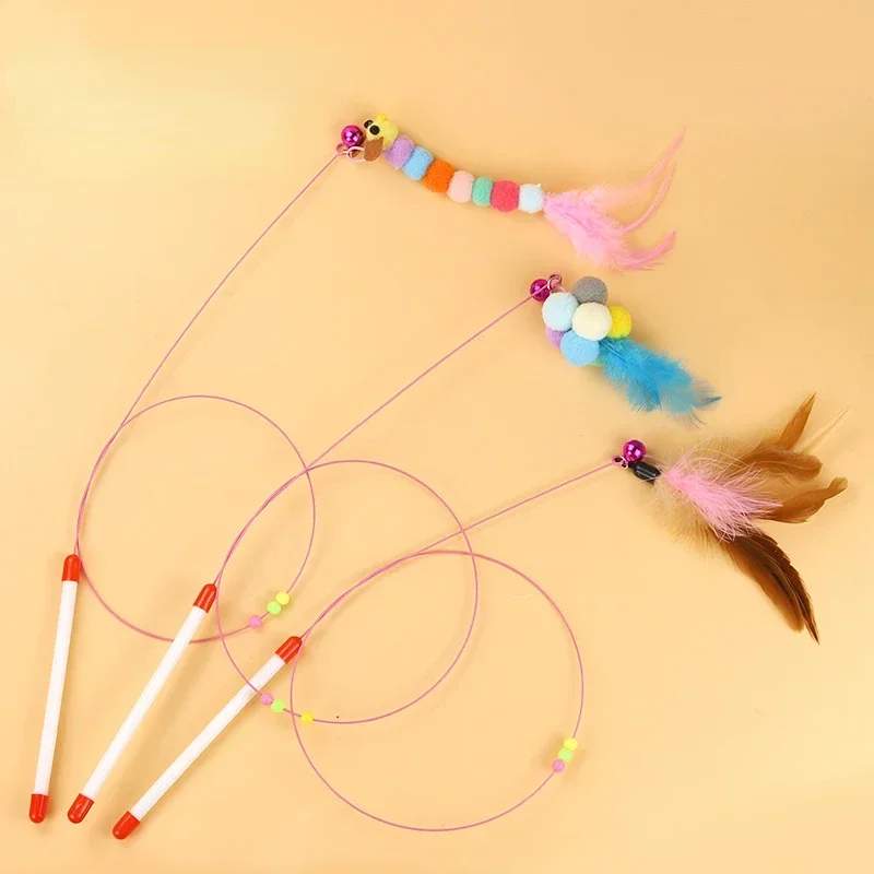 Interactive Cat Toy Funny Simulation Feather Fish with Bell Stick Toys for Kitten Playing Teaser Wand Toy Cat Teasing Stick