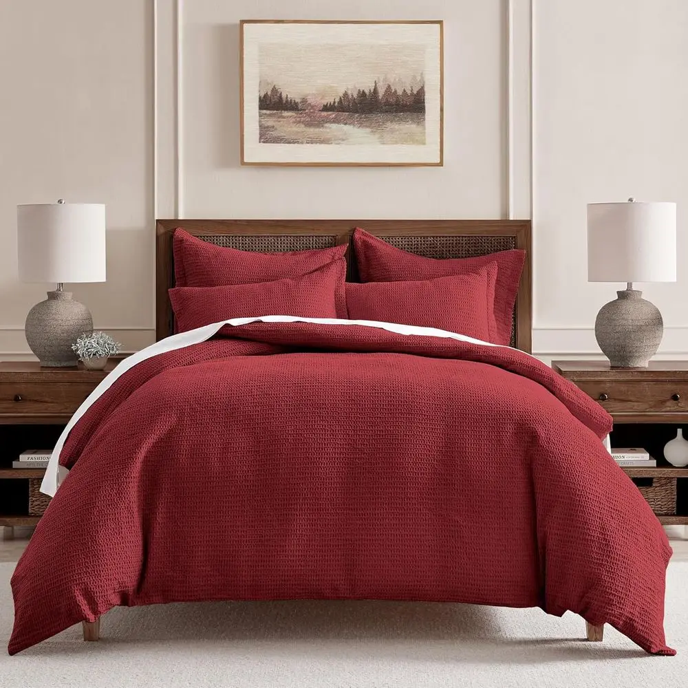 Waffle Red Duvet Cover Set Full/Queen Duvet Cover + Two Sta…