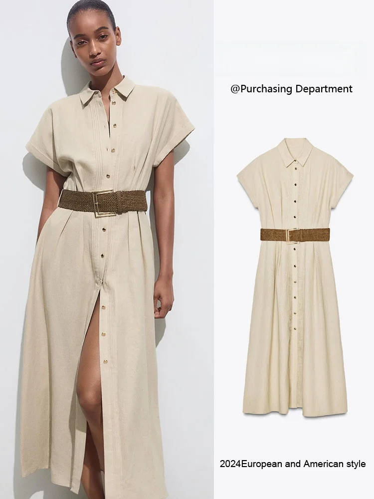 

Summer New Arrival Women's Midi Dr with Belted Slim Fit ort Sve Turn-down Collar High Waist Par Wear Color