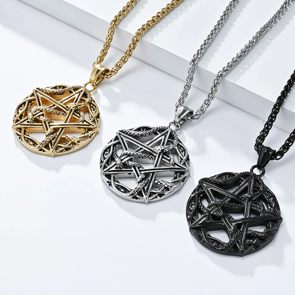 

JHSL Male Men Stainless Steel Statement Star Snake Pendant Necklace Black Silver Gold Color Fashion Jewelry