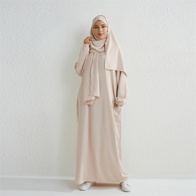 Muslim Abaya Prayer Dress Islamic Clothing Women Jilbab One-piece Hooded Smocking Sleeve Dubai Saudi Black Robe Turkish Modesty