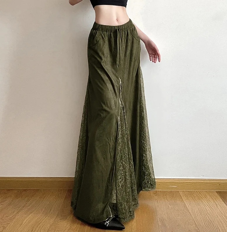 

Women Vintage Suede Nap Lace Patchwork Hem Zip Long Skirt Chic Drawstring Pocket A-line Skirts Lady Streetwear