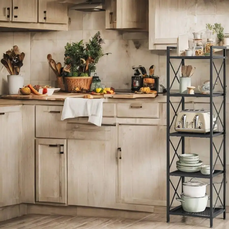 5-Tier Metal Storage Rack, Shelving Unit With X Side Frames, Dense Mesh, 12.6 X 15.7 X 57.3 Inches, For Entryway, Kitchen, Livin