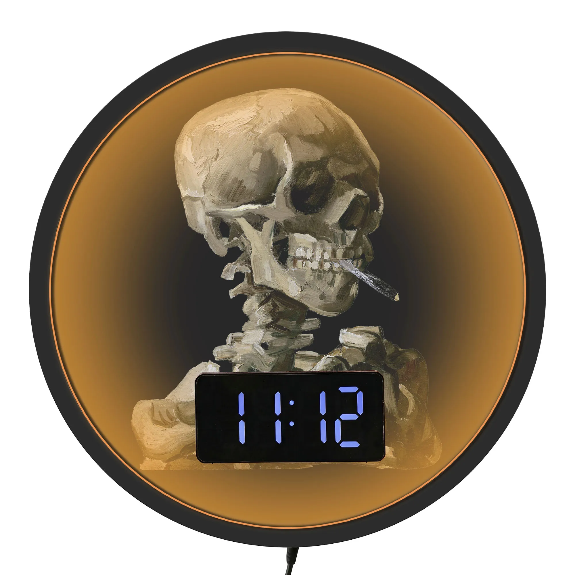 Skeleton Smoking Oil Painting Print Wall Clock with LED Night Light Digital Timer Calendar Date Temperature Display for Man Cave