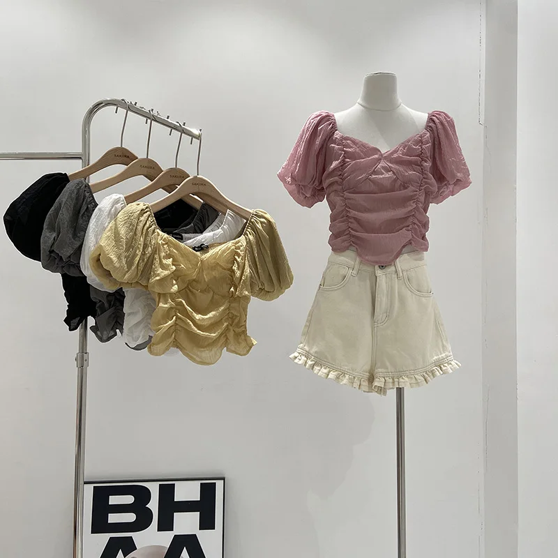 

Women's Short Bubble Sleeve Shirt Square Collar Bone Exposure 2024 Summer New Arrival Commute Style Pure Color Polyester Fiber