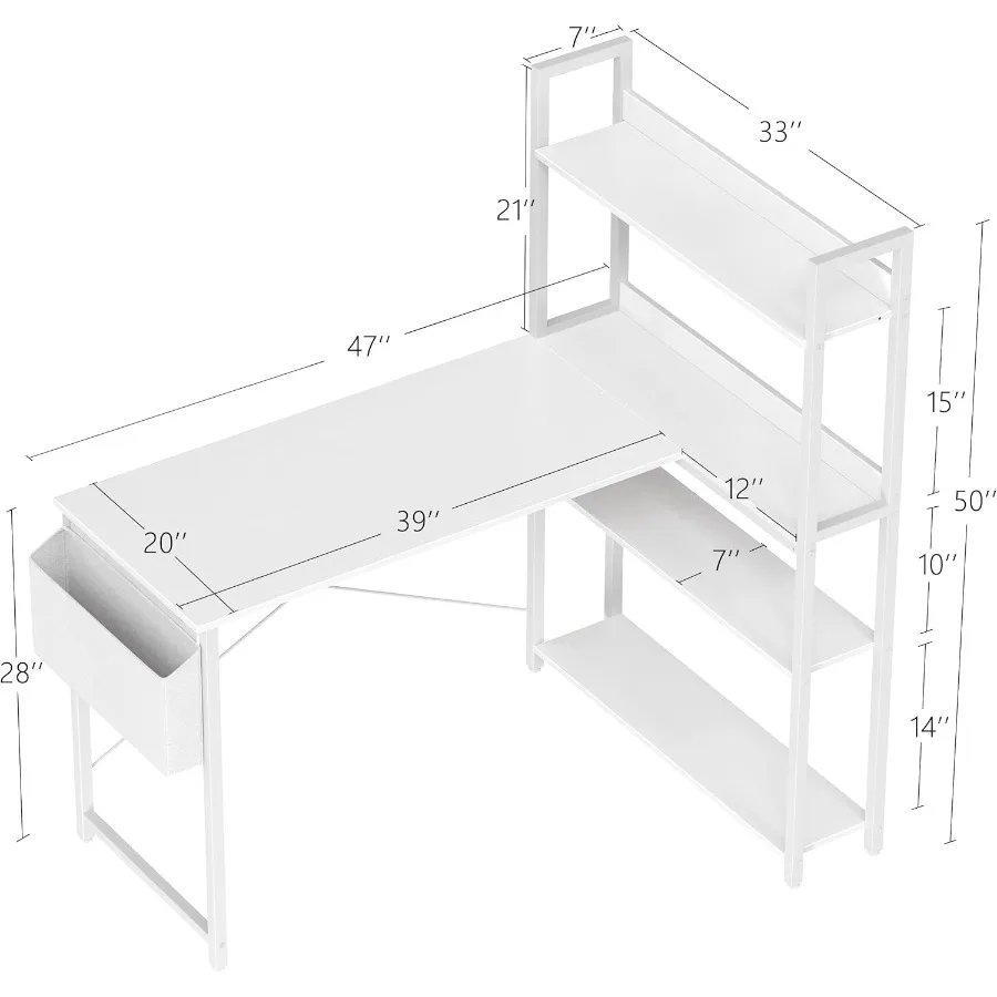 مكتب كمبيوتر على شكل حرف L مقاس 47 بوصة مع رف كتب مدمج ومساحة تخزين ومكتب زاوية للمكتب المنزلي أو غرفة النوم مثالي للكتابة #3