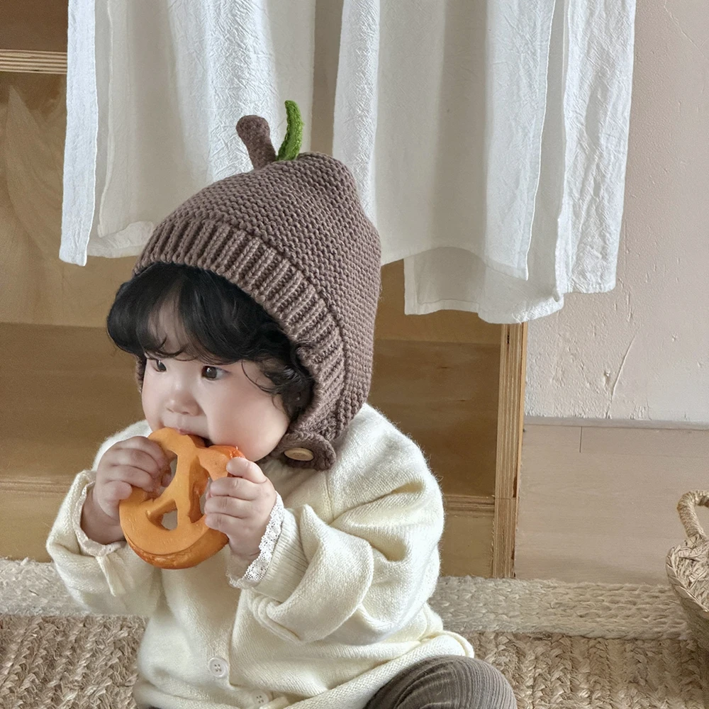Kids Knit Earflap Hat Acrylic Beanies with Button Straps for Toddler 0-2 Years Cute Leaf Cap Autumn Winter Warm Photo Prop