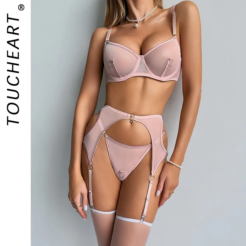 

Toucheart Sexy Lingerie Super Stretchy Mesh Solid Color See-through Gathertogether Slim Plunge Patchwork Seductive Underwear Set