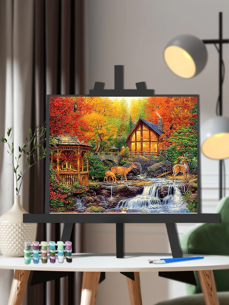 1pc frameless Diy Coloring By Numbers Forest Houses Landscape Oil Painting Autumn Scenery Drawing On Canvas Home Decoration