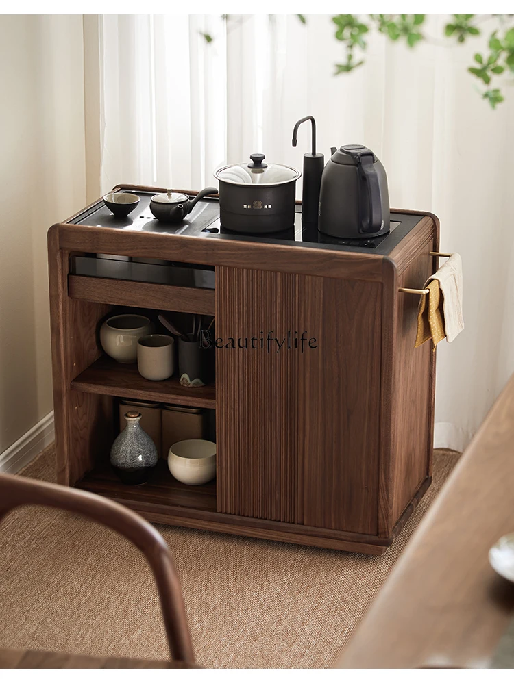 

Mobile Tea Cabinet Black Walnut Solid Wood Tea Side Counter Small Household Water Boiling Kettle Integrated