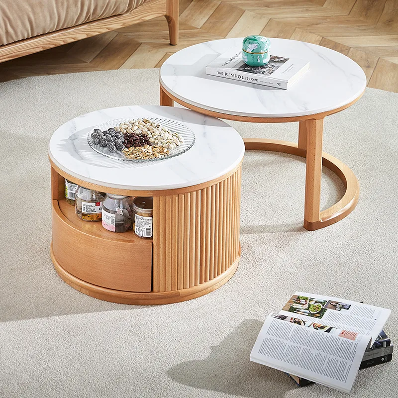 Wooden coffee table size round combination Nordic log style home living room storage feeling