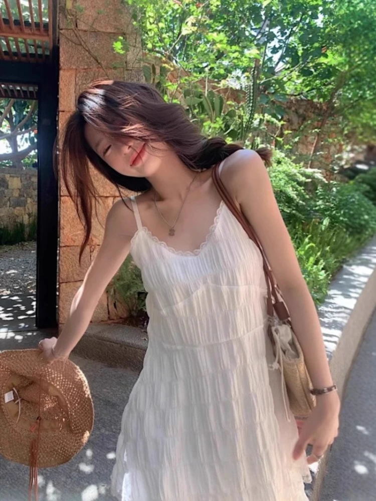 Estilo francês branco elegante vestido de renda cinta espaguete em camadas vestidos de verão praia férias 2025 novo vestido longo feminino para meninas