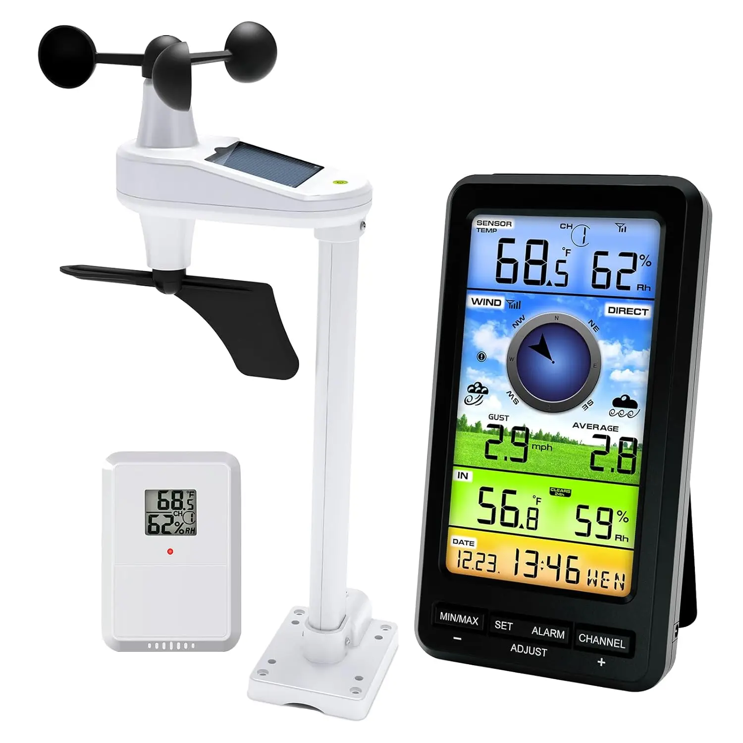Weather Station Wireless Indoor Outdoor with Remote Sensor with Wind Speed/Direction Thermometer Hygrometer (No WiFi)