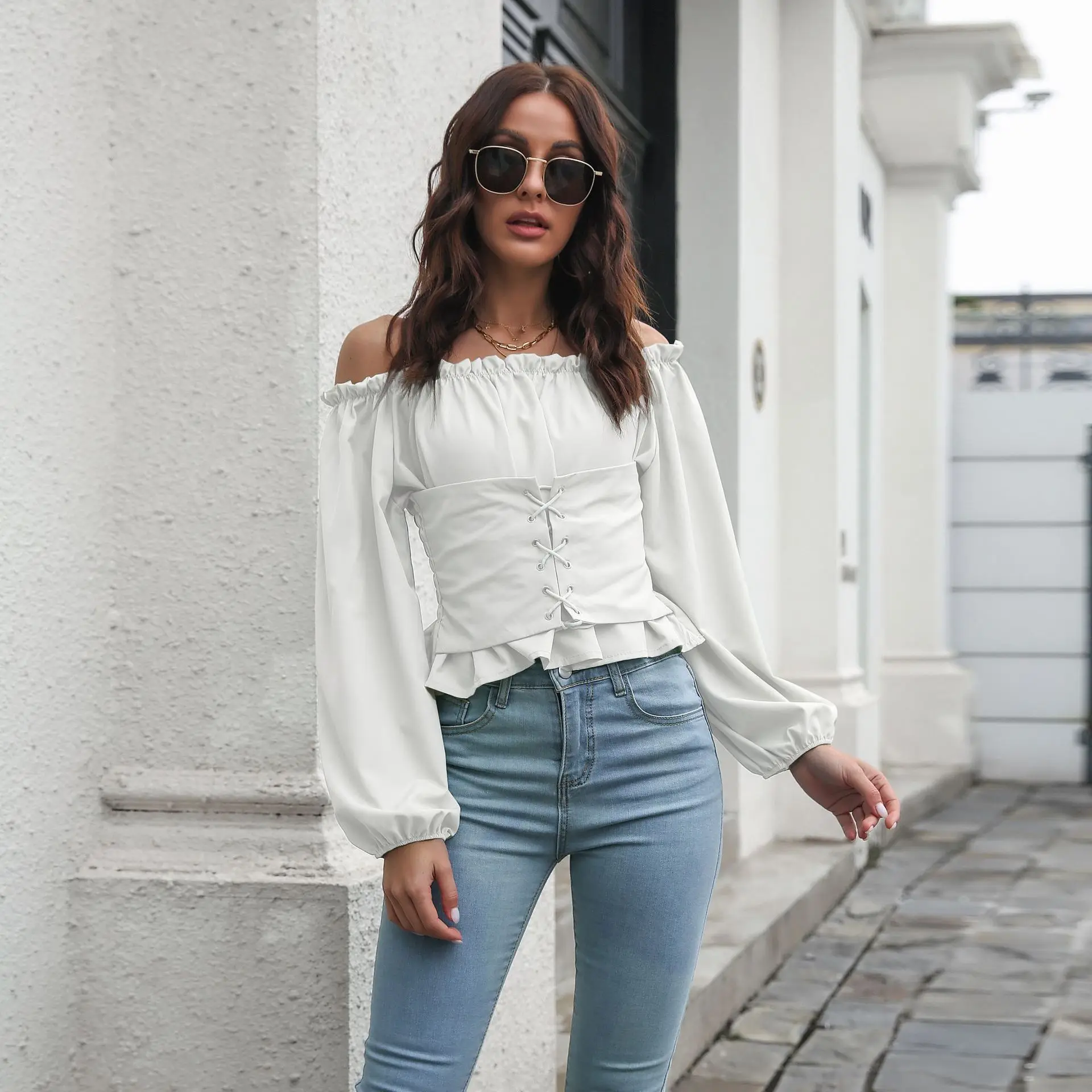 Chiffon T-shirts Women Top Long Lantern Sleeve Off-shoulder Solid Chic Chiffon Biouse Frockn Light Mature Woman Clothing