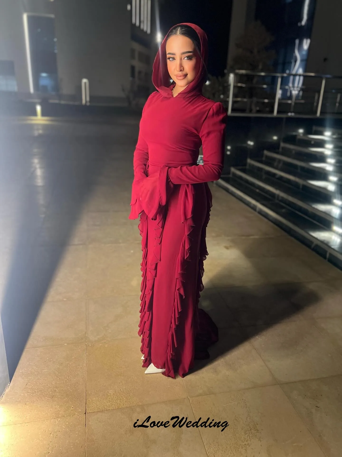 Robes de bal à manches longues en mousseline de soie rouge 2025 robes formelles volants robe de soirée robe de soirée de mariage pour les femmes invité Gala personnalisé