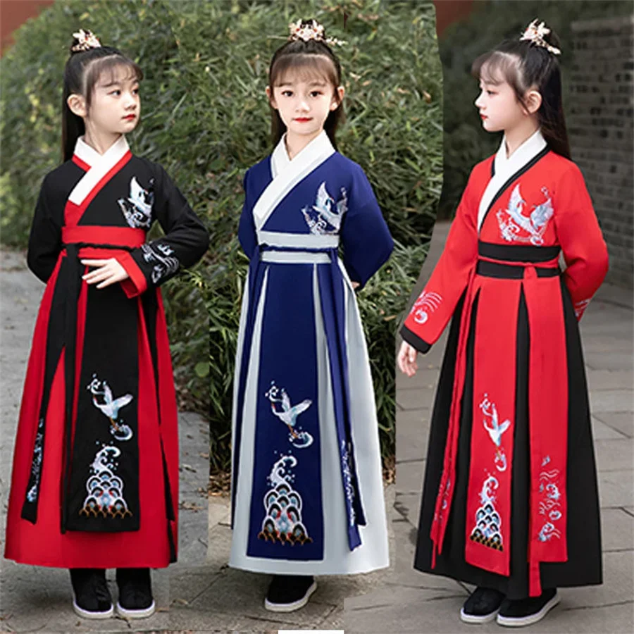 Hanfu Dress Kids Traditional Chinese Costume Folk Ancient Crane Baby Girl Boy Tang Suit Dance Costume Party New Year Clothes