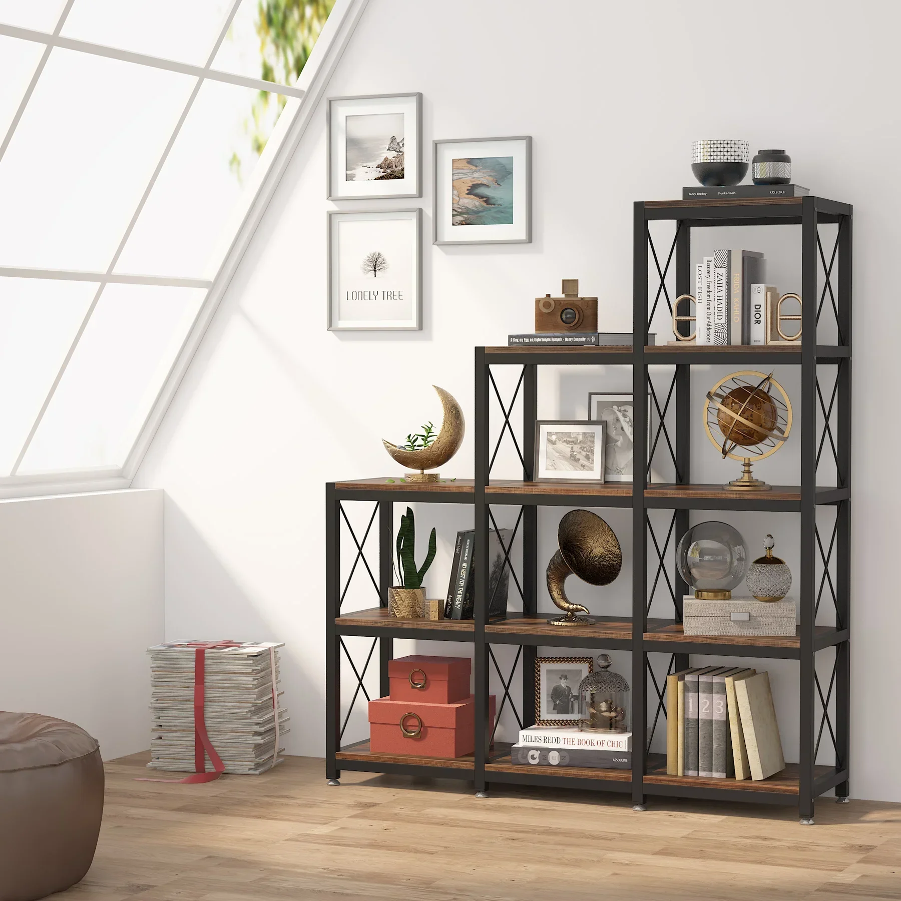 Tribesigns 12 Shelves Bookshelf, Industrial Ladder Corner Bookshelf 9 Cubes Stepped Etagere Bookcase