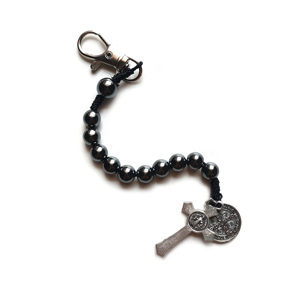 QIGO Hematite Beads Pocket Car Rosary Cross Saint Benedict Bracelets Religious Jewelry