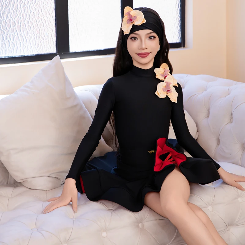 2025 novas roupas de competição de dança latina para meninas preto manga comprida saias grandes balanço terno chacha rumba trajes latinos xh3780