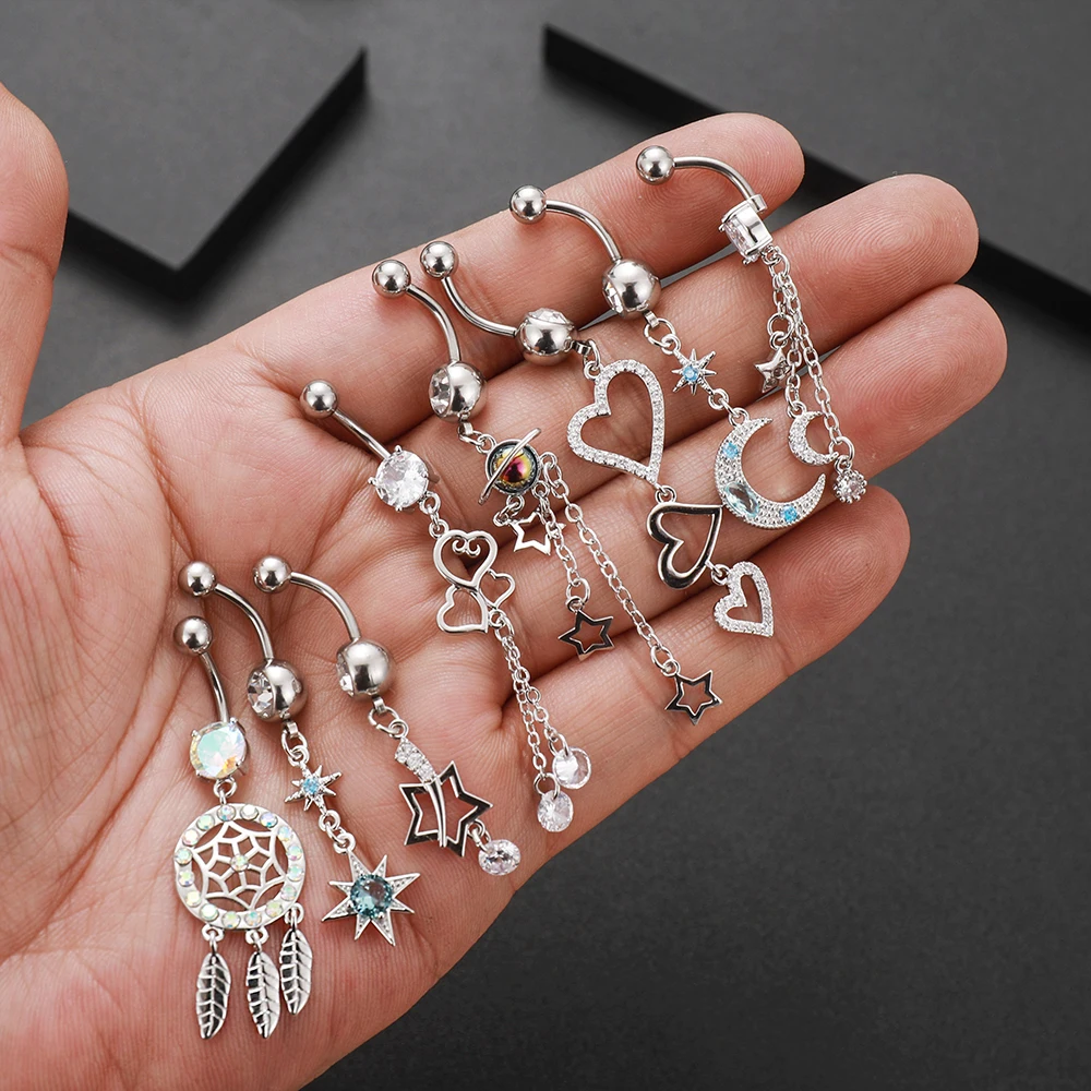 Blue Crystals Belly Button Rings Women Dangle Surgical Steel Navel Rings Cubic Zirconia Star Moon Piercing Ombligo Oreja Jewelry