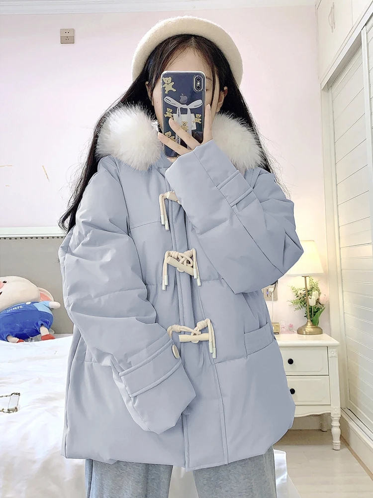 

Женская зимняя утепленная куртка College Style с меховым воротником, защита от холода, корейская версия, прямой крой, полиэстер