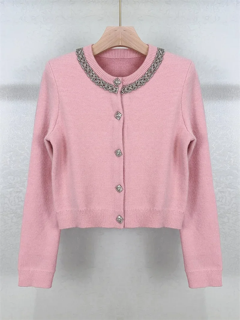 French Casual S Pink Women‘s Sweater Set Diamond Button Long-Sleeved Sweater Luxury High Quality Female Knit Thin Cardigan Coat