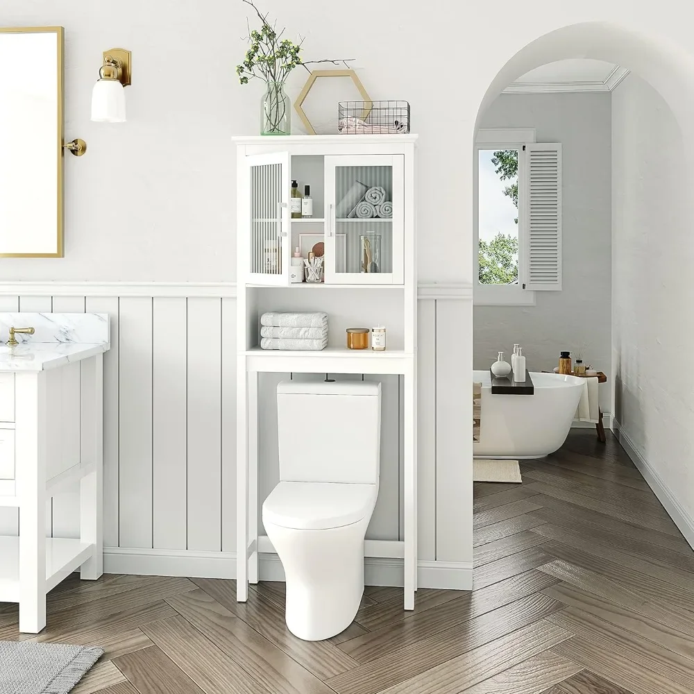 The Toilet Cabinet for Bathroom Storage, Above Toilet Storage Cabinet with Moru Tempered Glass Doors, White