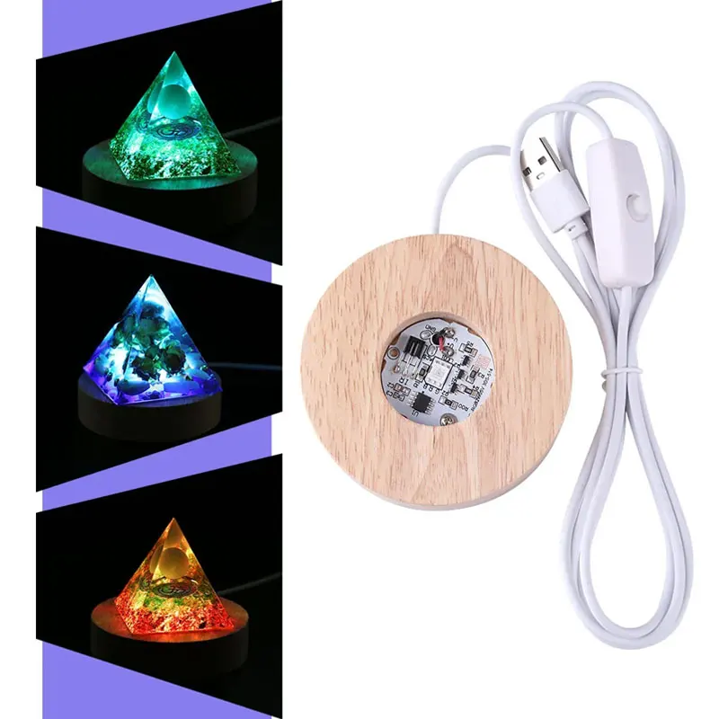 

Natural Stone Orgonite Pyramid Crystal Wood Light Base Remote Control Wooden LED Night Light Stand Lamp Holder Lamp Home Decor