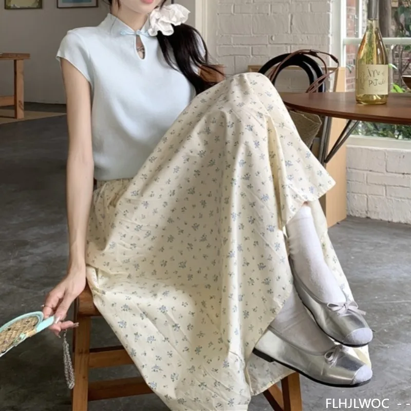 

Женские летние хлопковые юбки, хит продаж, корейский японский стиль, дизайн, дата, модная юбка с высокой эластичной резинкой на талии и цветочным принтом, длинная 4189