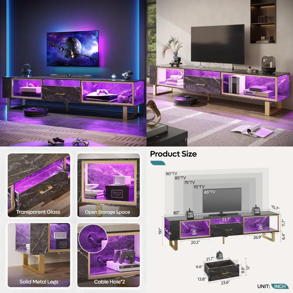 مركز ترفيهي حديث لأجهزة التلفاز مقاس 65-90 بوصة، وحامل تلفزيون LED مع مساحة تخزين ودرج مفتوح، مثالي لألعاب PS5