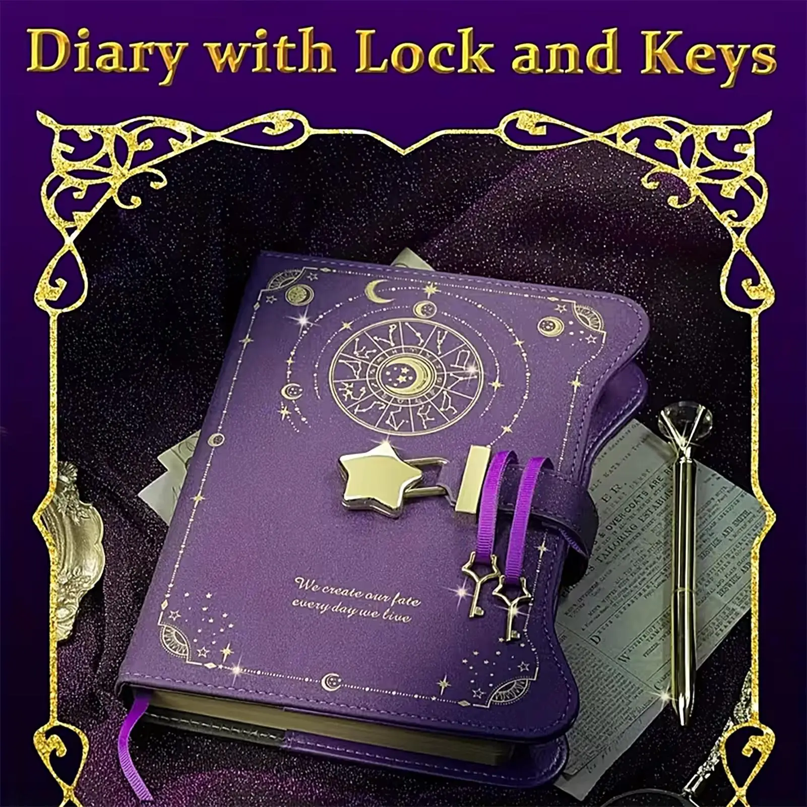 Diary with Lock and Key 360 Pages Secret Notebook with Pen Star Moon Design Refillable Pages Locked Journal for Boys Girls Ages