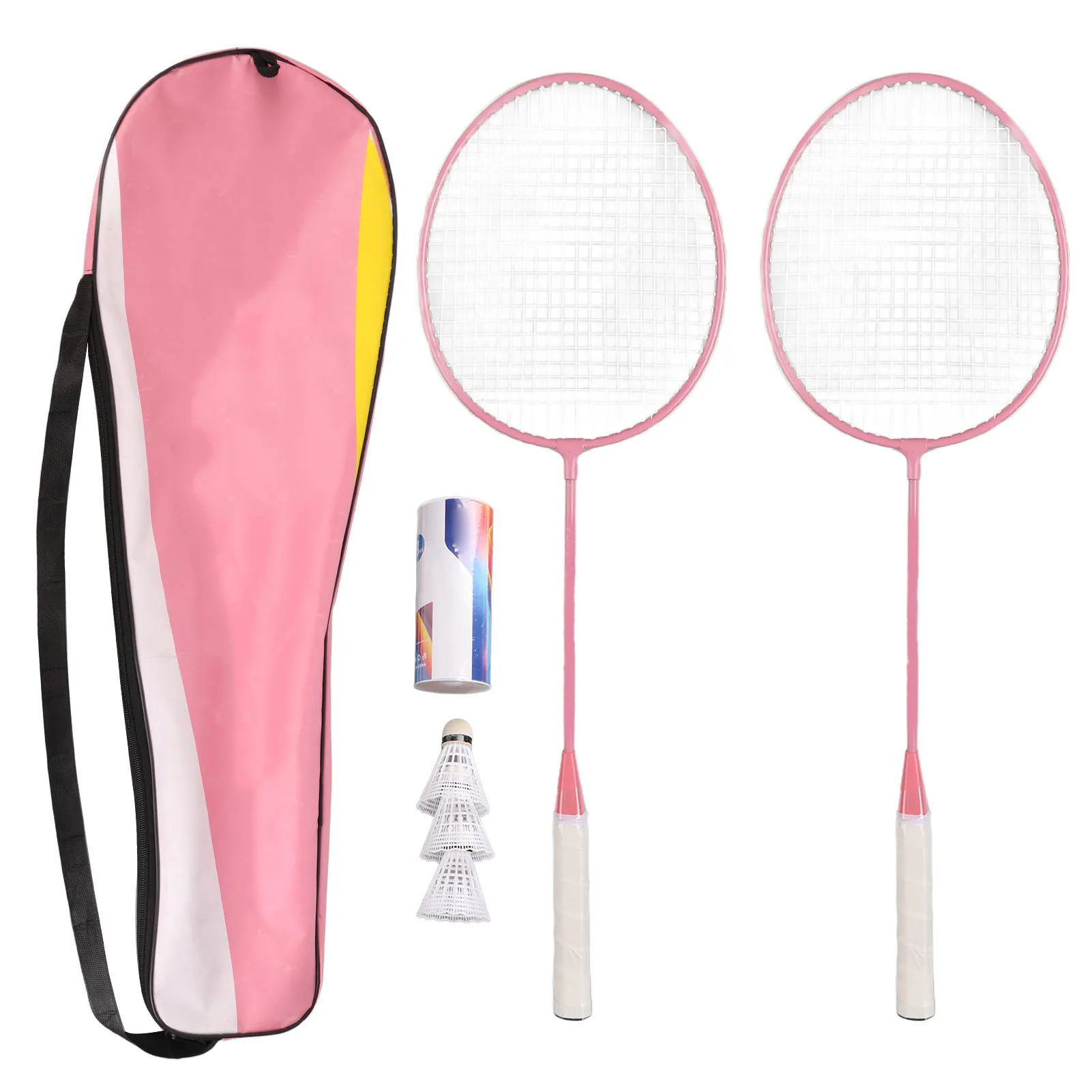 Roze badmintonracketset K1134, bestaande uit een badmintonracket van gesplitst ijzer en een opbergemmer en -tas.