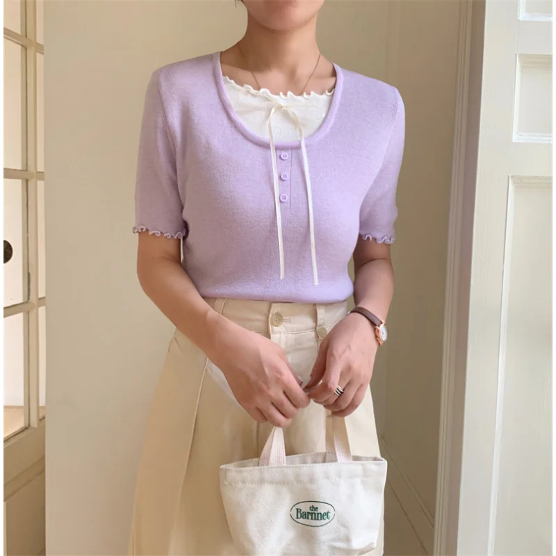 

Summer New Plus Size Versatile Fashion Lace Trim Ice Silk Knit Short Sleeve Top