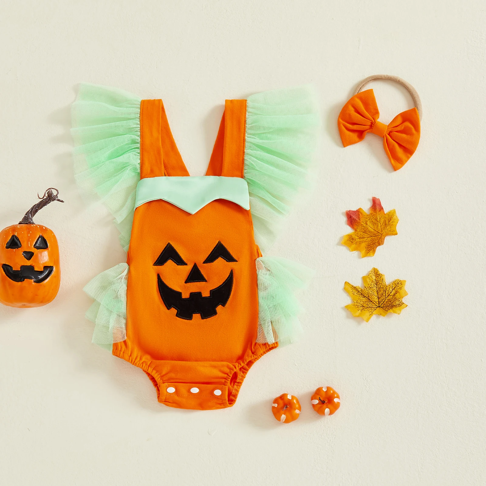 

Baby Girl Halloween Outfits Ruffle Sleeveless Square Neck Pumpkin Romper with Headband Set Newborn Clothes