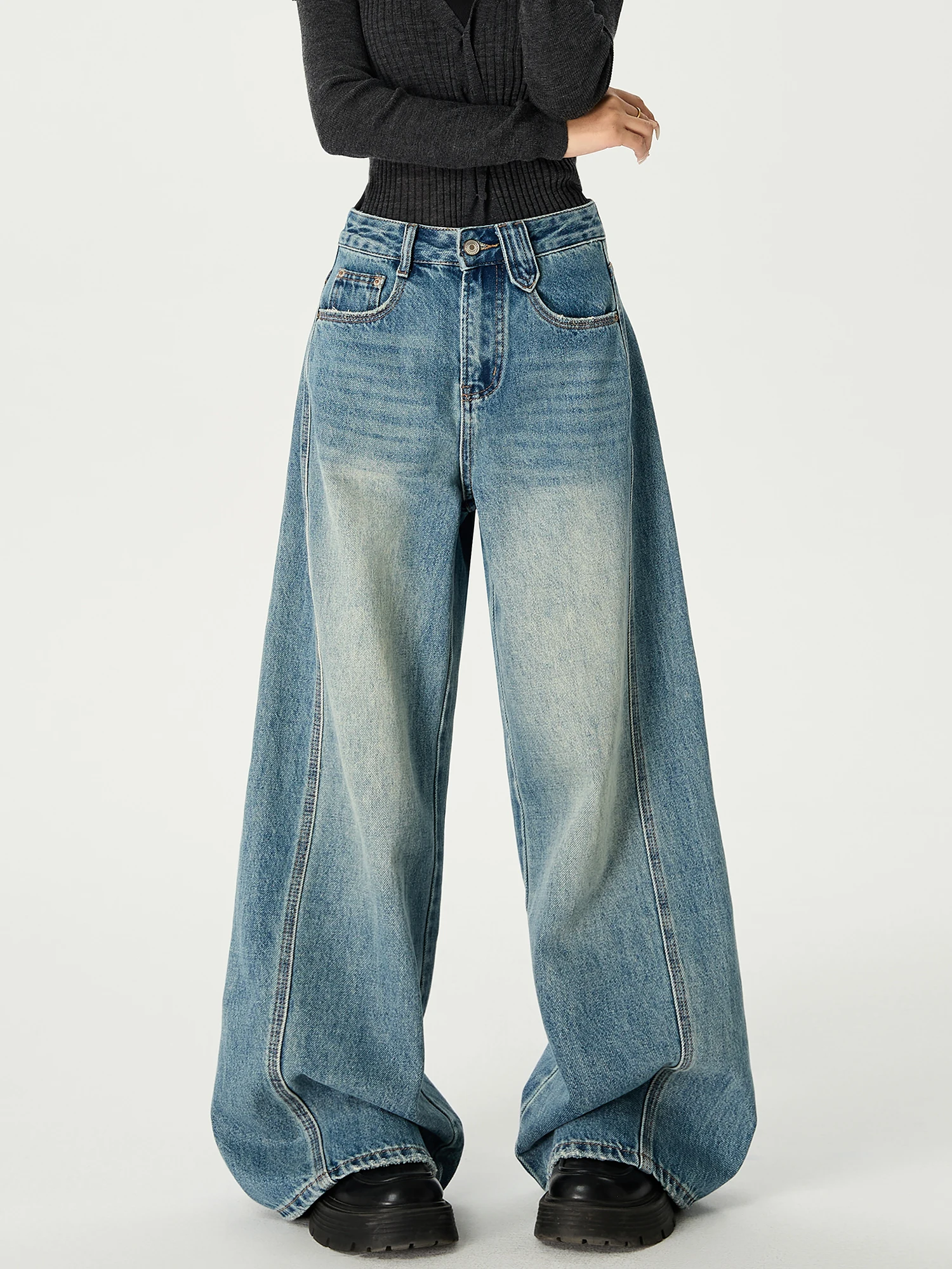 

Американские ретро-джинсы с широкими штанинами на флисовой подкладке, женские свободные прямые брюки в пол, повседневные хлопковые джинсы с высокой талией