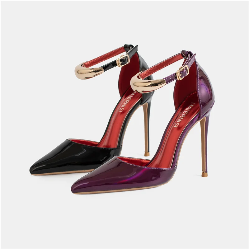 Spring and summer new pointed hollow patent leather metal buckle sandals, banquet dress, large-sized slim high-heeled women shoe